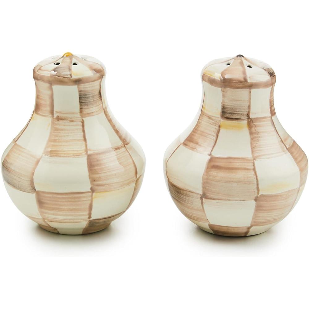 image:imageMACKENZIECHILDS Enamel Salt and Pepper Shakers Kitchen Table Spice Shaker Set BrownandWhite Mocha Check LargeMocha Check