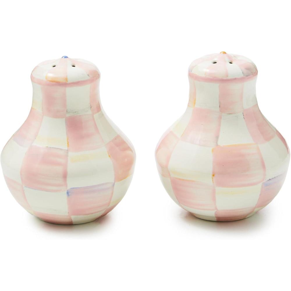 image:imageMACKENZIECHILDS Enamel Salt and Pepper Shakers Kitchen Table Spice Shaker Set BrownandWhite Mocha Check LargeRosy Check