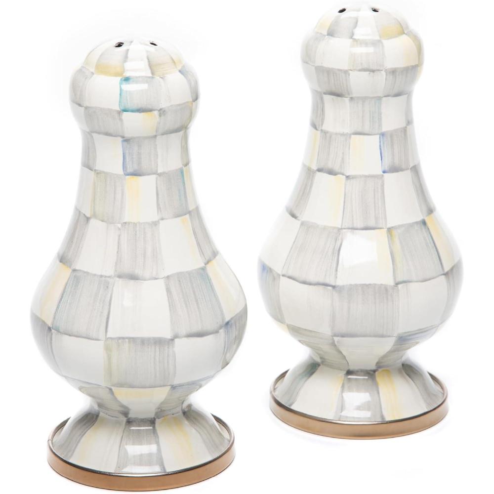image:imageMACKENZIECHILDS Enamel Salt and Pepper Shakers Kitchen Table Spice Shaker Set BrownandWhite Mocha Check LargeSterling Check