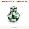 MACKENZIE-CHILDS Enamel Salt and Pepper Shakers, Kitchen Table Spice Shaker Set, Brown-and-White Mocha Check, Large(Emerald Check)