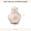 MACKENZIE-CHILDS Enamel Salt and Pepper Shakers, Kitchen Table Spice Shaker Set, Brown-and-White Mocha Check, Large(Rosy Check)