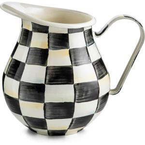 MACKENZIE-CHILDS Enamel Pitcher with Spout for Water, Cut Flowers, and Home Decor, 3 Quarts, Brown-and-White Mocha Check(Courtly Check)