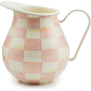 MACKENZIE-CHILDS Enamel Pitcher with Spout for Water, Cut Flowers, and Home Decor, 3 Quarts, Brown-and-White Mocha Check(Rosy Check)