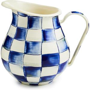 MACKENZIE-CHILDS Enamel Pitcher with Spout for Water, Cut Flowers, and Home Decor, 3 Quarts, Brown-and-White Mocha Check(Royal Check)