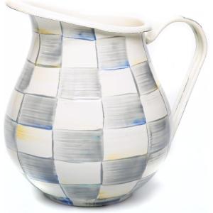 MACKENZIE-CHILDS Enamel Pitcher with Spout for Water, Cut Flowers, and Home Decor, 3 Quarts, Brown-and-White Mocha Check(Sterling Check)