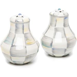 MACKENZIE-CHILDS Enamel Salt and Pepper Shakers, Kitchen Table Spice Shaker Set, Brown-and-White Mocha Check, Large(Black)