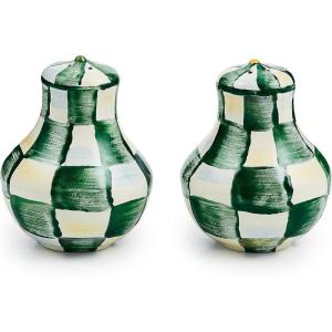 MACKENZIE-CHILDS Enamel Salt and Pepper Shakers, Kitchen Table Spice Shaker Set, Brown-and-White Mocha Check, Large(Emerald Check)