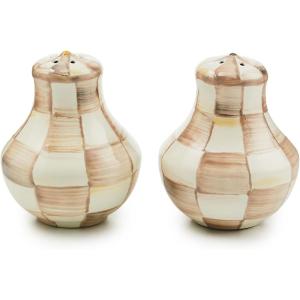 MACKENZIE-CHILDS Enamel Salt and Pepper Shakers, Kitchen Table Spice Shaker Set, Brown-and-White Mocha Check, Large(Mocha Check)