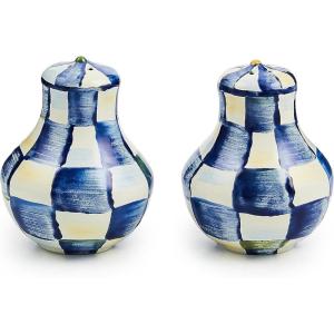 MACKENZIE-CHILDS Enamel Salt and Pepper Shakers, Kitchen Table Spice Shaker Set, Brown-and-White Mocha Check, Large(Royal Check)