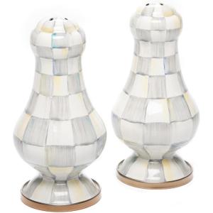 MACKENZIE-CHILDS Enamel Salt and Pepper Shakers, Kitchen Table Spice Shaker Set, Brown-and-White Mocha Check, Large(Sterling Check)