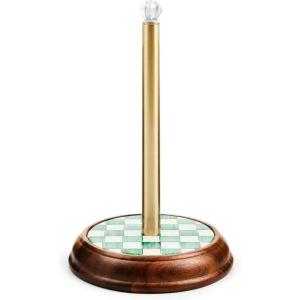 MACKENZIE-CHILDS Wood Paper Towel Holder, Decorative Paper Towel Holder for Kitchen, Brown-and-White Mocha Check(Emerald Check)