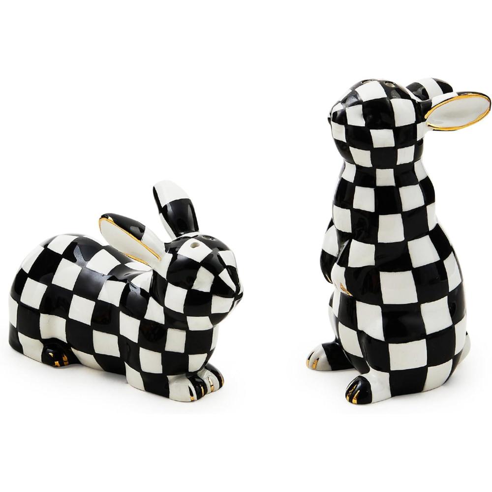 image:imageMACKENZIECHILDS Bunny Salt and Pepper Shaker Set Ceramic Salt and Pepper Holders BlackandWhite Courtly Check