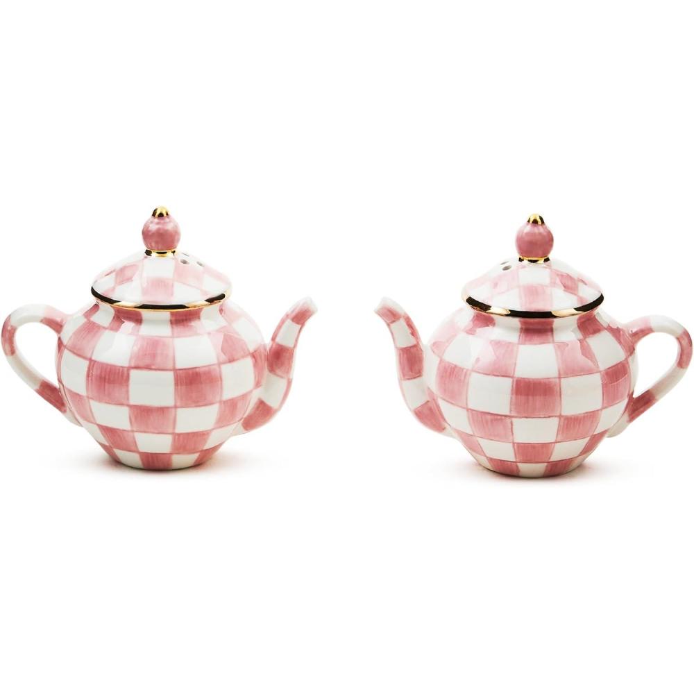 image:imageMACKENZIECHILDS Teapot Salt and Pepper Shaker Set Ceramic Salt and Pepper Holders PinkandWhite Rosy Check