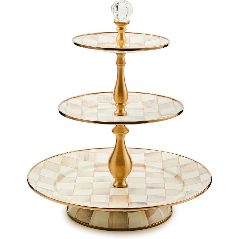 image:imageMACKENZIECHILDS ThreeTier Sweet Stand Tiered ServingTray Stand BrownandWhite Mocha Check