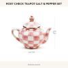 MACKENZIE-CHILDS Teapot Salt and Pepper Shaker Set, Ceramic Salt and Pepper Holders, Pink-and-White Rosy Check
