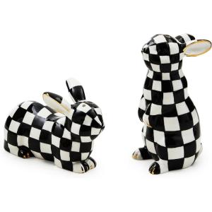 MACKENZIE-CHILDS Bunny Salt and Pepper Shaker Set, Ceramic Salt and Pepper Holders, Black-and-White Courtly Check