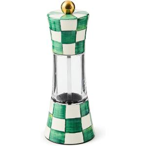 MACKENZIE-CHILDS Enamel Grinder, Refillable Manual Salt Grinder and Pepper Grinder, Blue-and-White Royal Check(Emerald Check)