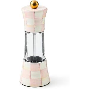 MACKENZIE-CHILDS Enamel Grinder, Refillable Manual Salt Grinder and Pepper Grinder, Blue-and-White Royal Check(Rosy Check)