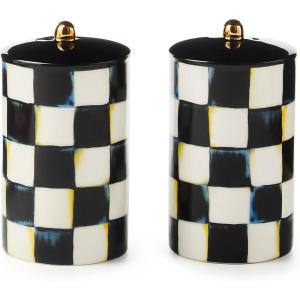 MACKENZIE-CHILDS Farmhouse Salt and Pepper Shaker Set, Ceramic Salt and Pepper Holders, Black-and-White Courtly Check