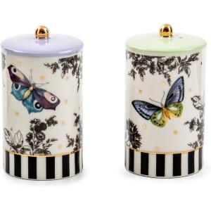 MACKENZIE-CHILDS Farmhouse Salt and Pepper Shaker Set, Ceramic Salt and Pepper Holders, Butterfly Toile