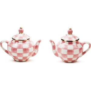 MACKENZIE-CHILDS Teapot Salt and Pepper Shaker Set, Ceramic Salt and Pepper Holders, Pink-and-White Rosy Check
