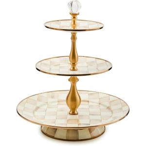 MACKENZIE-CHILDS Three-Tier Sweet Stand, Tiered Serving-Tray Stand, Brown-and-White Mocha Check