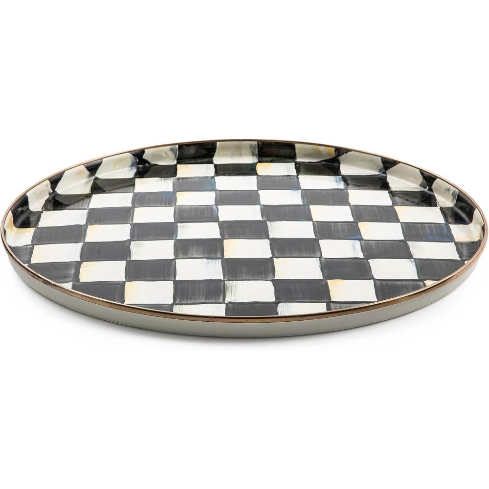 image:imageMACKENZIECHILDS Enamel Round Tray Unique Serving Platter for Food and Drinks BrownandWhite Mocha CheckCourtly Check