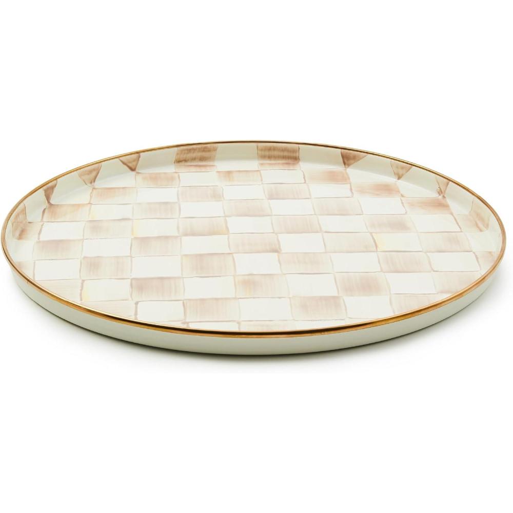 image:imageMACKENZIECHILDS Enamel Round Tray Unique Serving Platter for Food and Drinks BrownandWhite Mocha CheckMocha Check