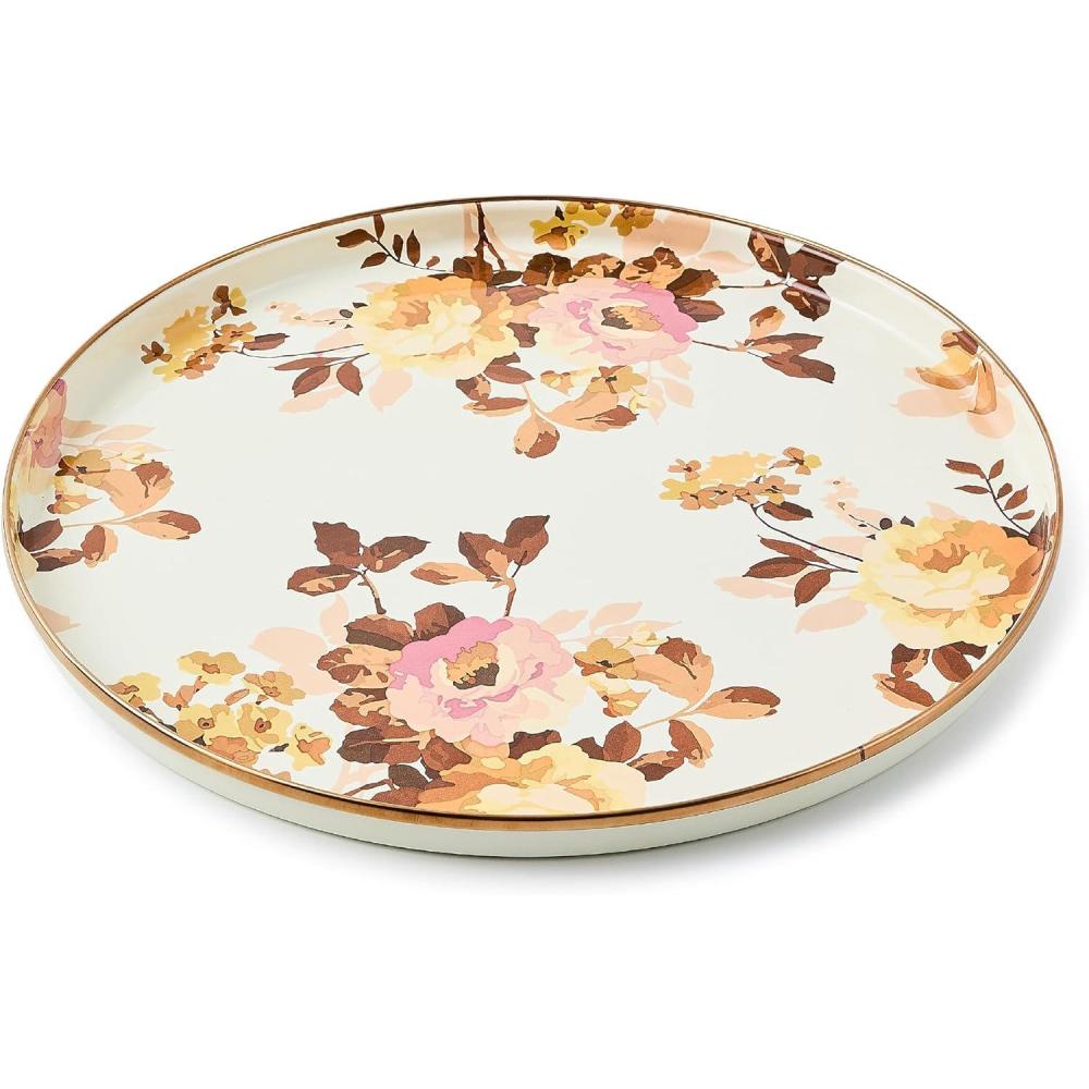 image:imageMACKENZIECHILDS Enamel Round Tray Unique Serving Platter for Food and Drinks BrownandWhite Mocha CheckWhite Wild Rose
