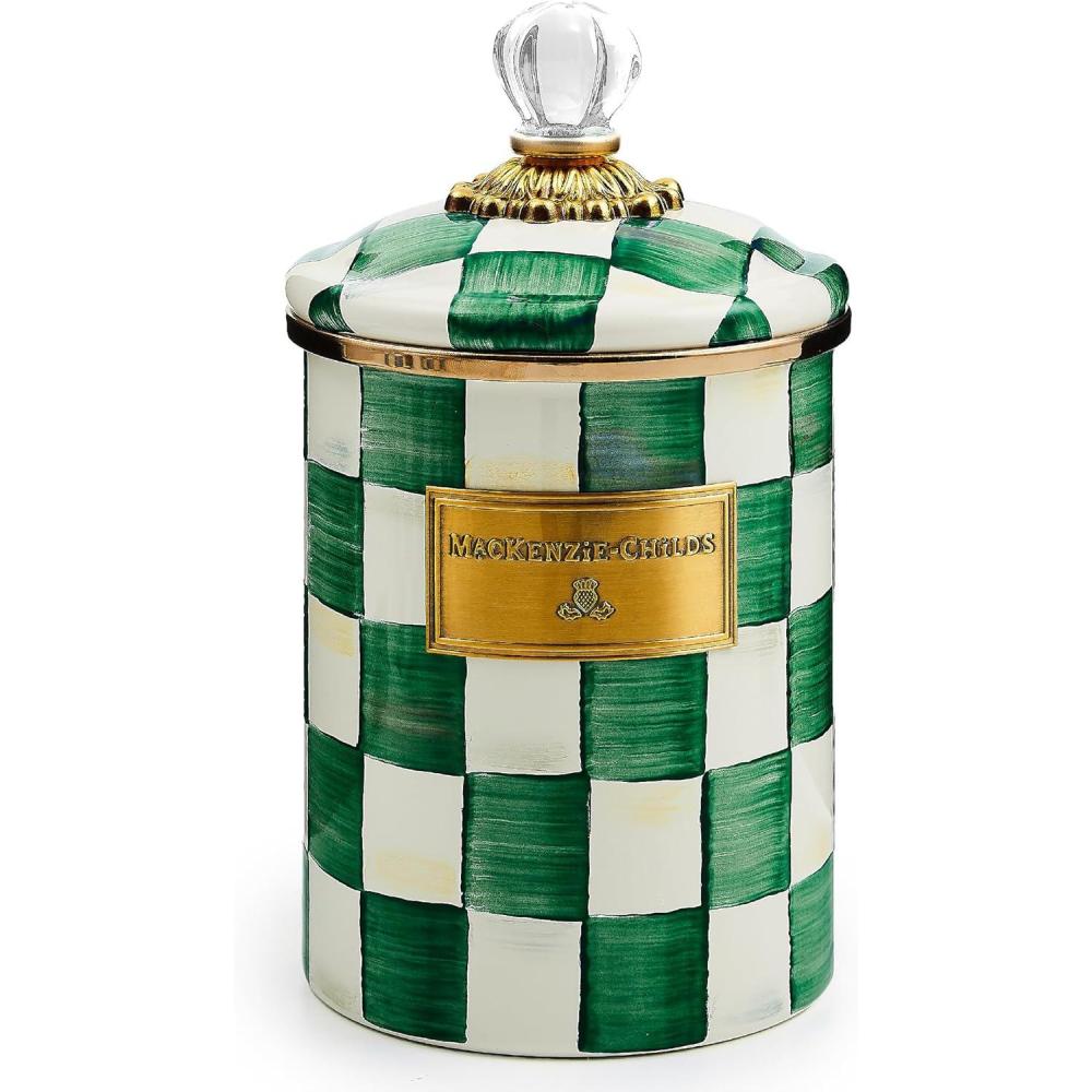 image:imageMACKENZIECHILDS Medium Enamel Canister Kitchen Storage Container with Lid BrownandWhite Mocha CheckEmerald Check