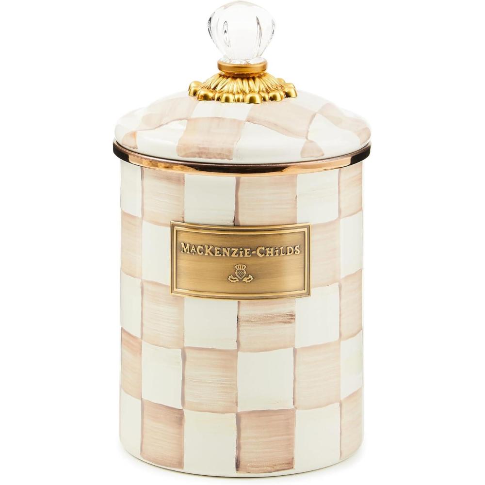 image:imageMACKENZIECHILDS Medium Enamel Canister Kitchen Storage Container with Lid BrownandWhite Mocha CheckMocha Check
