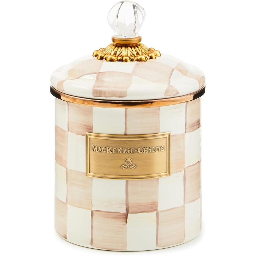 image:imageMACKENZIECHILDS Small Enamel Canister Kitchen Storage Container with Lid BrownandWhite Mocha CheckMocha Check