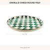 MACKENZIE-CHILDS Enamel Round Tray, Unique Serving Platter for Food and Drinks, Brown-and-White Mocha Check(Emerald Check)