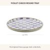 MACKENZIE-CHILDS Enamel Round Tray, Unique Serving Platter for Food and Drinks, Brown-and-White Mocha Check(Violet Check)
