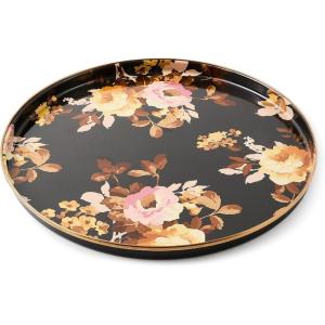 MACKENZIE-CHILDS Enamel Round Tray, Unique Serving Platter for Food and Drinks, Brown-and-White Mocha Check(Brown Wild Rose)