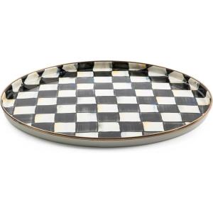MACKENZIE-CHILDS Enamel Round Tray, Unique Serving Platter for Food and Drinks, Brown-and-White Mocha Check(Courtly Check)
