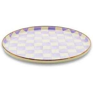 MACKENZIE-CHILDS Enamel Round Tray, Unique Serving Platter for Food and Drinks, Brown-and-White Mocha Check(Violet Check)