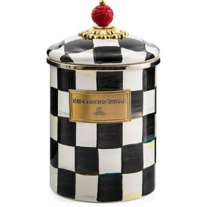 MACKENZIE-CHILDS Medium Enamel Canister, Kitchen Storage Container with Lid, Brown-and-White Mocha Check(Courtly Check)