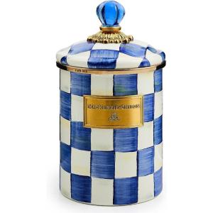 MACKENZIE-CHILDS Medium Enamel Canister, Kitchen Storage Container with Lid, Brown-and-White Mocha Check(Royal Check)