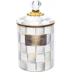MACKENZIE-CHILDS Medium Enamel Canister, Kitchen Storage Container with Lid, Brown-and-White Mocha Check(Sterling Check)