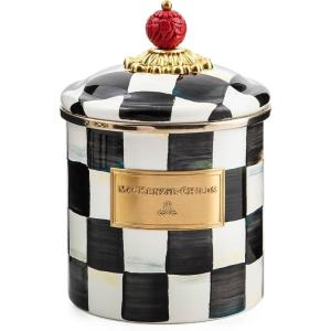 MACKENZIE-CHILDS Small Enamel Canister, Kitchen Storage Container with Lid, Brown-and-White Mocha Check(Courtly Check)