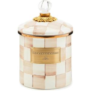 MACKENZIE-CHILDS Small Enamel Canister, Kitchen Storage Container with Lid, Brown-and-White Mocha Check(Mocha Check)