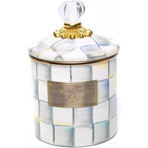 MACKENZIE-CHILDS Small Enamel Canister, Kitchen Storage Container with Lid, Brown-and-White Mocha Check(Sterling Check)