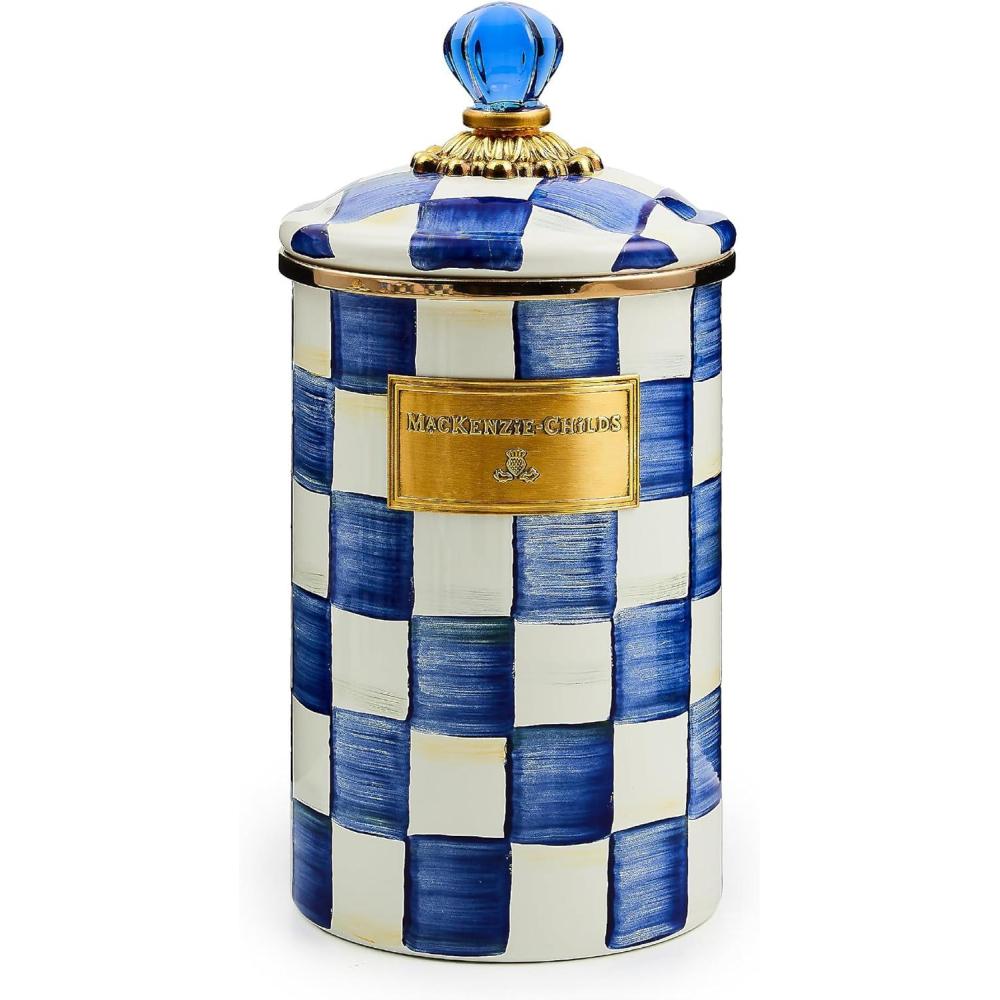 image:imageMACKENZIECHILDS Large Enamel Canister Kitchen Storage Container with Lid BrownandWhite Mocha CheckRoyal Check