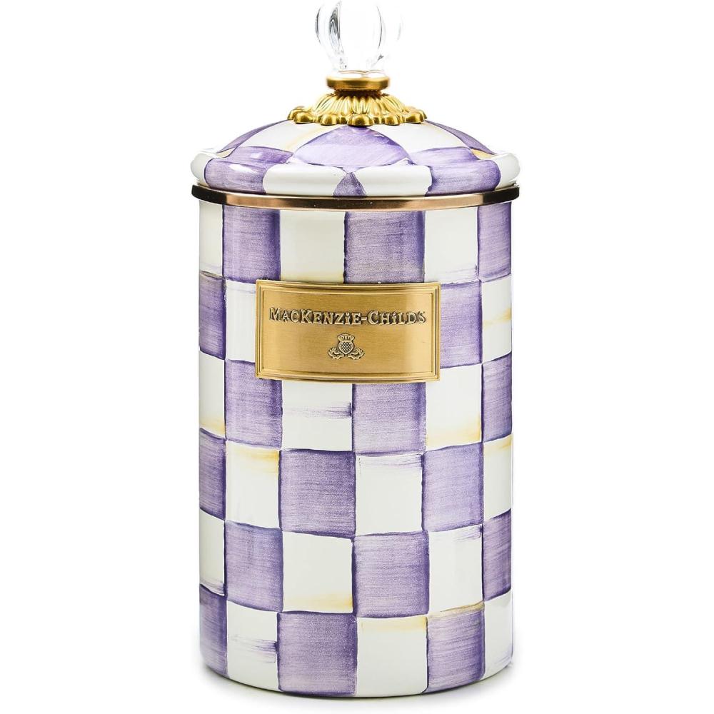 image:imageMACKENZIECHILDS Large Enamel Canister Kitchen Storage Container with Lid BrownandWhite Mocha CheckViolet Check