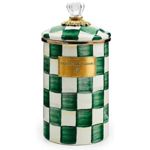 MACKENZIE-CHILDS Large Enamel Canister, Kitchen Storage Container with Lid, Brown-and-White Mocha Check(Emerald Check)