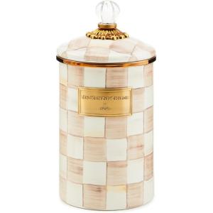 MACKENZIE-CHILDS Large Enamel Canister, Kitchen Storage Container with Lid, Brown-and-White Mocha Check(Mocha Check)