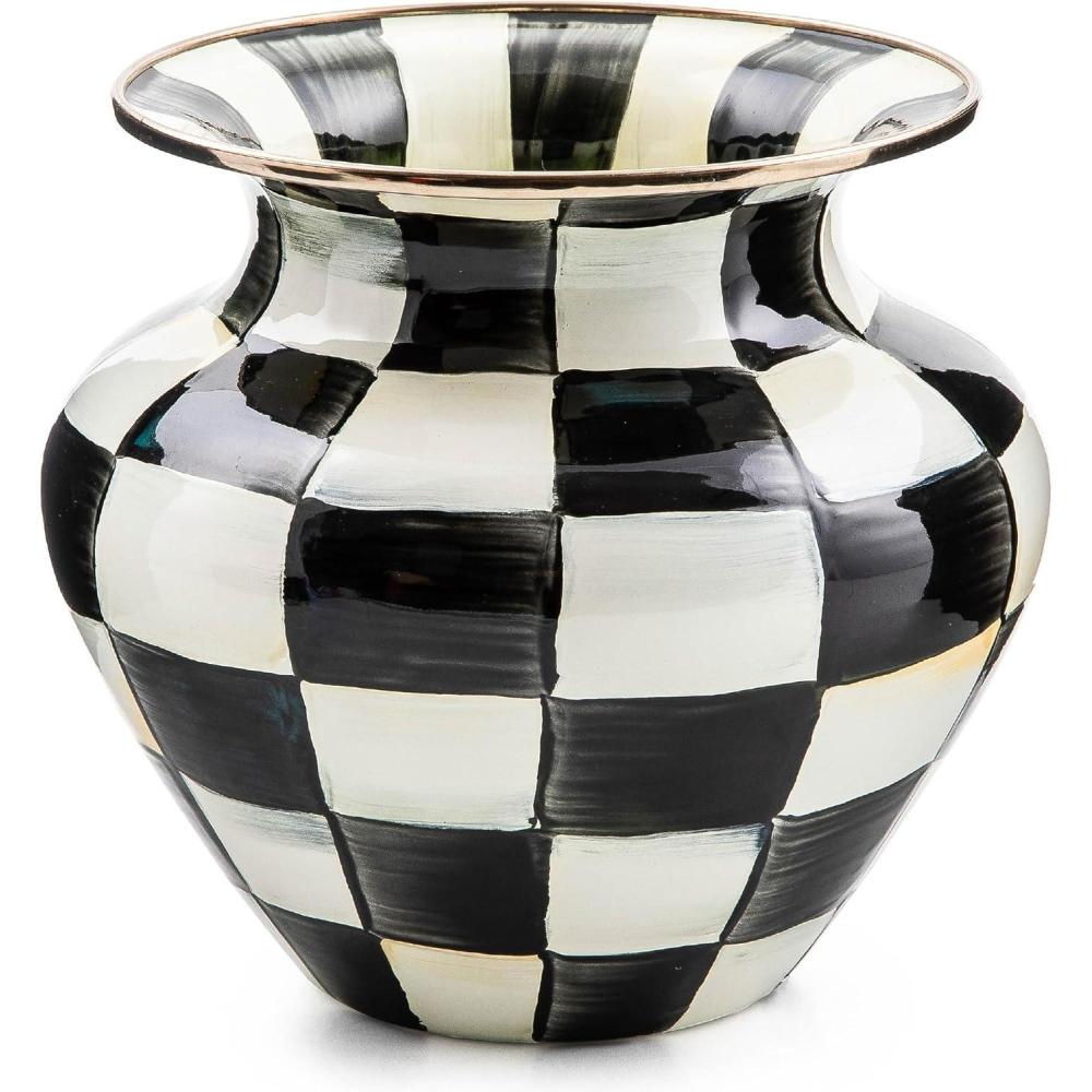 image:imageMACKENZIECHILDS Enamel Large Vase Unique FlowerVase Decor BrownandWhite Mocha CheckCourtly Check