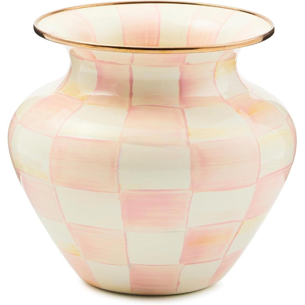 image:imageMACKENZIECHILDS Enamel Large Vase Unique FlowerVase Decor BrownandWhite Mocha CheckRosy Check