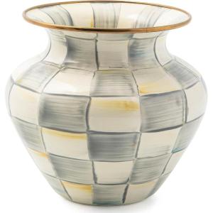 MACKENZIE-CHILDS Enamel Large Vase, Unique Flower-Vase Decor, Brown-and-White Mocha Check(Sterling Check)